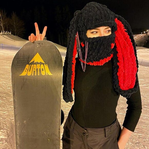 Women's Black Red Bunny Hat Knit Plush Long Ears Fluffy Cosplay Party Hat - Picture 3 of 4